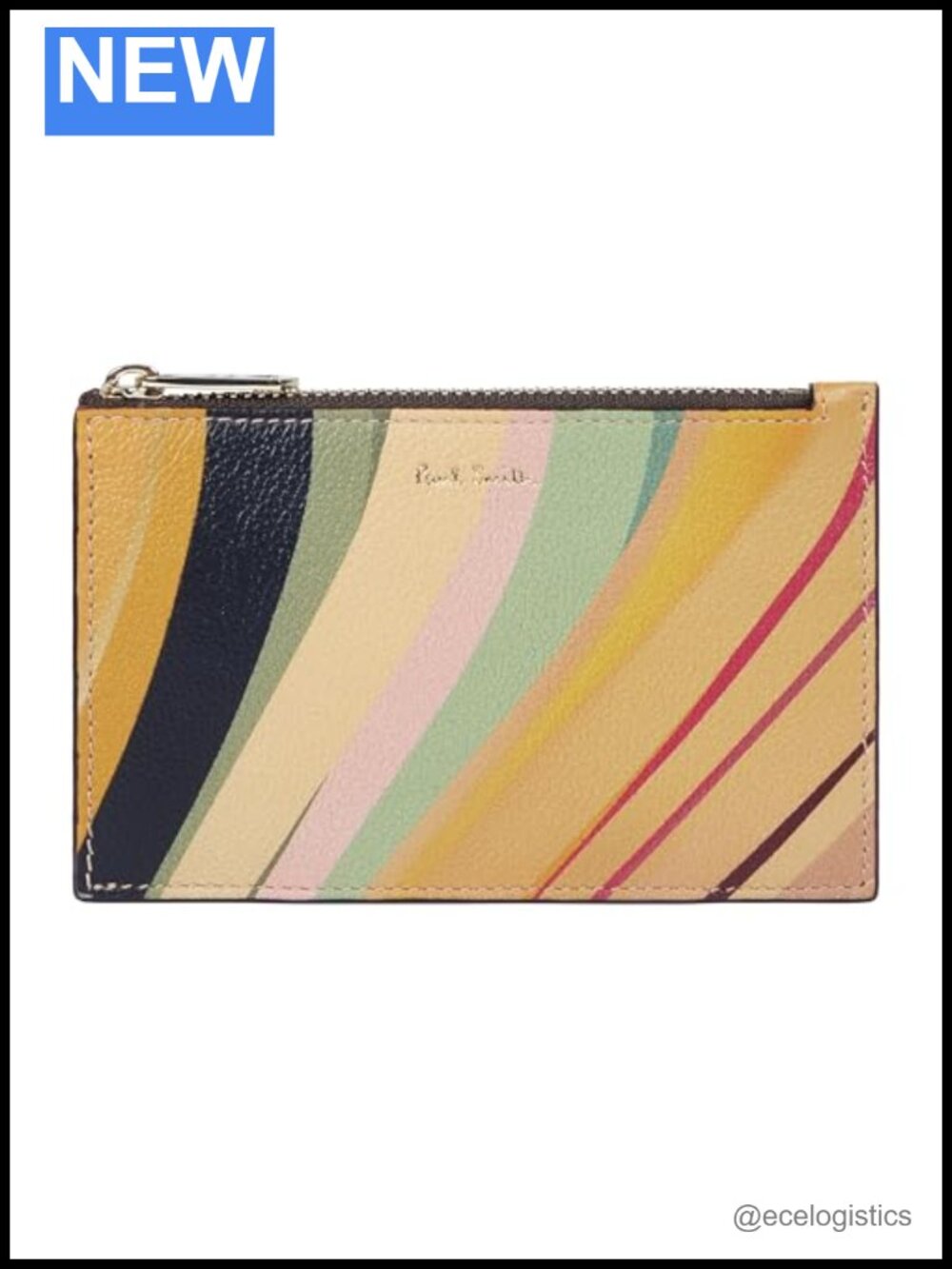 Leather Zip Coin Purse with Card Pockets, Stripe Pattern, Wristlet